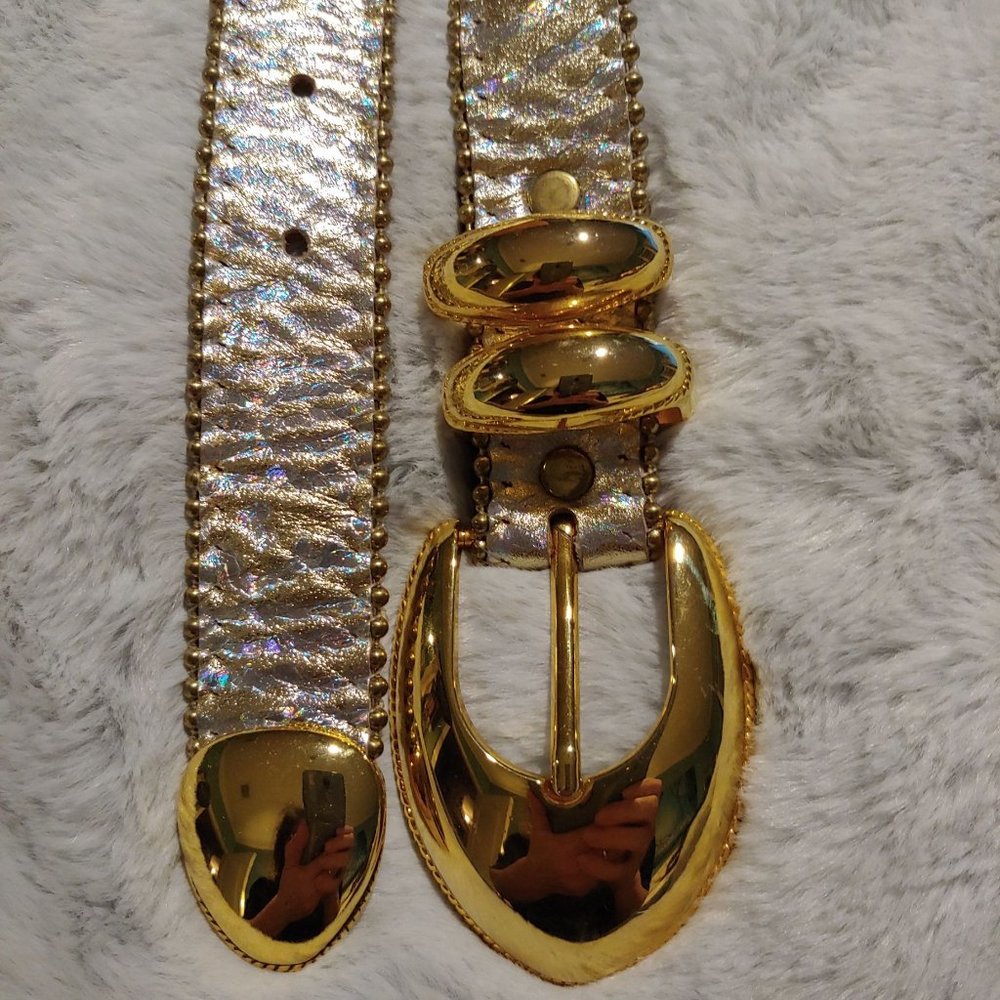 Belts by Simon silver metallic leather large belt with gold hardware